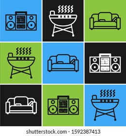 Set line Home stereo with two speakers , Sofa  and Barbecue grill  icon. Vector