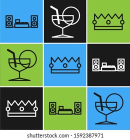 Set line Home stereo with two speakers , Crown  and Martini glass  icon. Vector