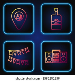 Set line Home stereo with two speakers , Carnival garland with flags , Alcohol or beer bar location  and Whiskey bottle . Gradient color icons. Vector