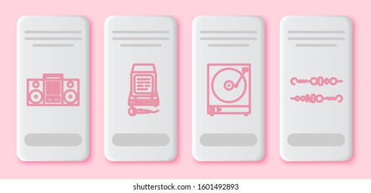 Set line Home stereo with two speakers , Karaoke , Vinyl player with a vinyl disk  and Grilled shish kebab. White rectangle button. Vector