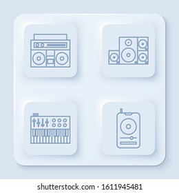 Set line Home stereo with two speakers, Stereo speaker, Music synthesizer and Music player. White square button. Vector