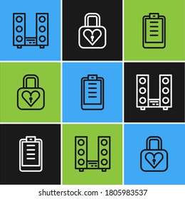 Set line Home stereo with two speakers, Clipboard checklist and Lock and heart icon. Vector