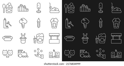 Set line Home stereo with two speakers, Ticket box office, Popcorn in, Tree, Ice cream waffle cone, Striker attraction hammer, bowl and Firework rocket icon. Vector