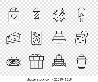 Set line Home stereo with two speakers, Cocktail shaker, Homemade pie, Gift box, Shopping bag heart, Stereo, Cake burning candles and  icon. Vector