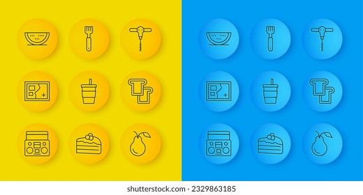 Set line Home stereo with two speakers, Folded map, Paper glass water, Pear, Bread toast, Watermelon, Wine corkscrew and Fork icon. Vector