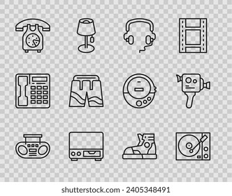 Set line Home stereo with two speakers, Vinyl player, Headphones, Old video cassette, Telephone handset, Short or pants, Sport sneakers and Retro cinema camera icon. Vector