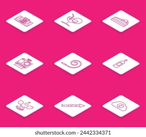 Set line Home stereo with two speakers, Martini glass, Cake, Photo camera, Birthday party horn, Bottle of wine, Clown head and Firework rocket icon. Vector