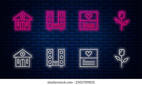 Estéreo casero con dos altavoces, tarjeta de felicitación, edificio de la iglesia y rosa de la flor. Icono de neón brillante en la pared de ladrillo. Vector