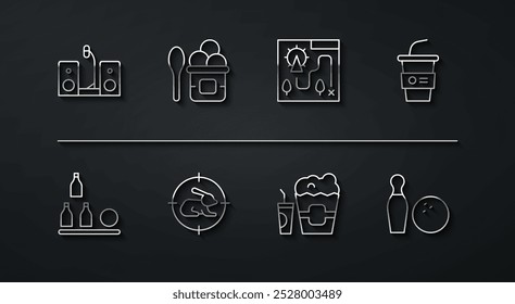 Set line Home estéreo com dois alto-falantes, bola de garrafas, água de vidro de papel, pipoca na caixa e, Hunt na mira de coelho, tigela de sorvete, pino de boliche e ícone do mapa do parque de diversões. Vetor