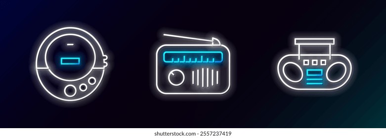 Set line Home stereo with two speakers, Music CD player and Radio antenna icon. Glowing neon. Vector