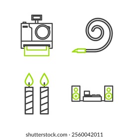 Set line Home stereo with two speakers, Birthday cake candles, party horn and Photo camera icon. Vector