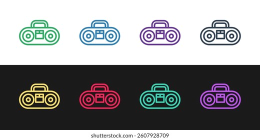 Set line Home stereo with two speakers icon isolated on black and white background. Music system.  Vector