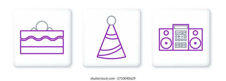 Estéreo para el hogar con dos altavoces, icono de pastel y sombrero de fiesta. Vector