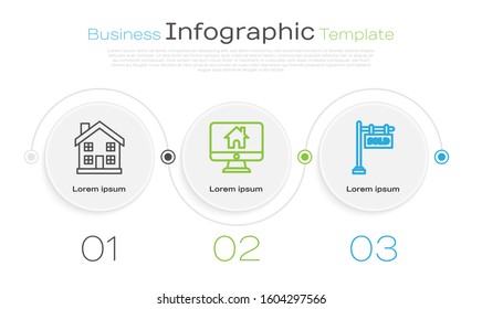 Set line Home symbol, Computer monitor with smart home and Hanging sign with text Sold. Business infographic template. Vector