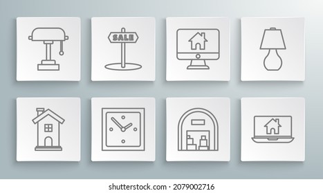 Set line Home symbol, Hanging sign with text Sale, Clock, Warehouse, Laptop and smart home, Computer monitor, Table lamp and  icon. Vector