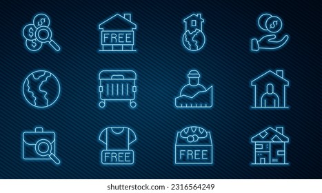 Set line Homeless cardboard house, Shelter for homeless, Trash can, Global economic crisis, Search money, Growth of and  icon. Vector