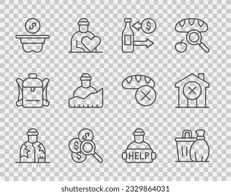 Set line Homeless, Trash can, Reception of glass bottles, Search for money, Donation, Growth homeless, Help and No house icon. Vector