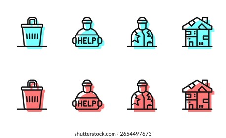 Set line Homeless, Trash can, Help homeless and cardboard house icon. Vector
