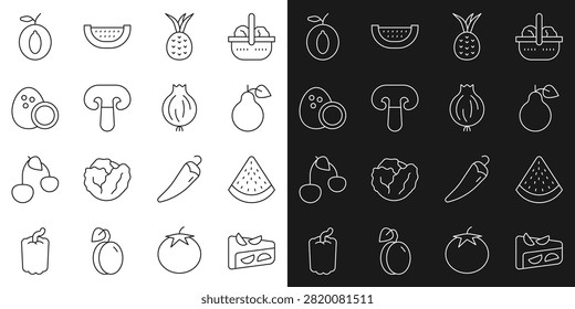 Set line Homemade fruit pie, Watermelon, Pear, Pineapple, Mushroom, Coconut, Plum and Garlic icon. Vector