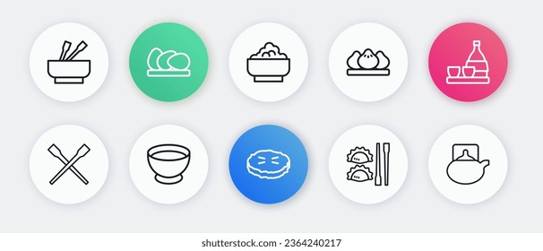 Set line Homemade pie, Bottle of sake, Food chopsticks, Dumpling with, Rice bowl, Traditional tea ceremony and Soy sauce icon. Vector