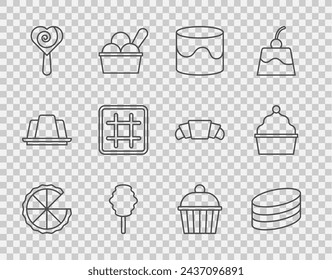 Set line Homemade pie, Brownie chocolate cake, Cake, Cotton candy, Lollipop, Waffle,  and  icon. Vector