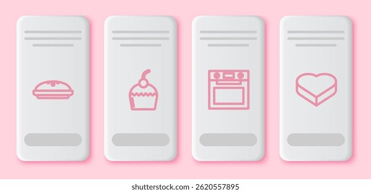 Set line Homemade pie, Cake, Oven and Candy in heart shaped box. White rectangle button. Vector