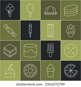 Set line Homemade pie, Cookie or biscuit, Strawberry in chocolate, Jelly cake, Candy, Ice cream waffle cone and  icon. Vector