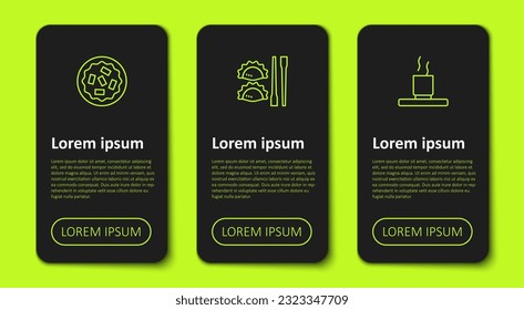 Set line Homemade pie, Dumpling with chopsticks and Cup of tea. Business infographic template. Vector