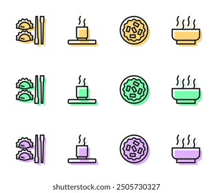 Set line Homemade pie, Dumpling with chopsticks, Cup of tea and Ramen soup bowl icon. Vector