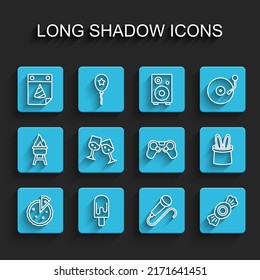 Set line Homemade pie, Ice cream, Calendar party, Microphone, Candy, Glass of champagne, Magician hat rabbit ears and Gamepad icon. Vector