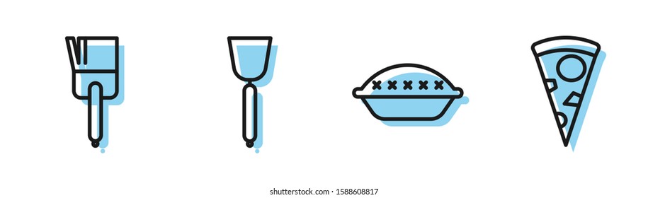 Set line Homemade pie , Kitchen brush , Spatula  and Slice of pizza  icon. Vector