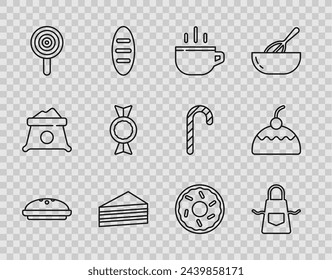 Set line Homemade pie, Kitchen apron, Coffee cup, Cake, Lollipop, Candy, Donut and  icon. Vector