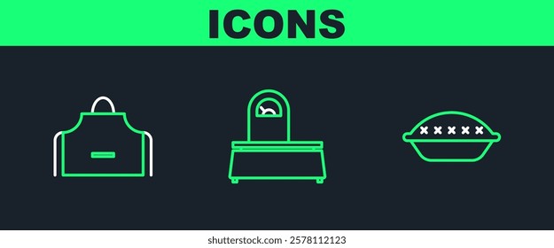 Set line Homemade pie, Kitchen apron and Scales icon. Vector