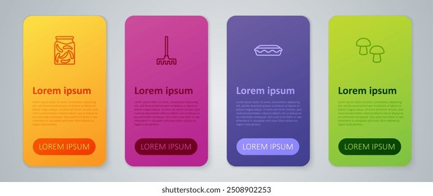 Definir linha Torta caseira, Cogumelo, pepinos em conserva no jarro e ancinho de jardim. Modelo de infográfico comercial. Vetor