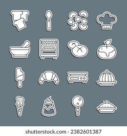 Set line Homemade pie, Pudding custard, Apple caramel, Jelly candy, Oven, Mortar pestle, Bread toast and loaf icon. Vector