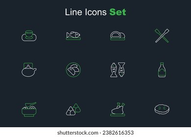 Set line Homemade pie, Roasted turkey or chicken, Zongzi in bamboo steamer, Ramen soup bowl, Soy sauce bottle, Served fish plate, Dumpling and Traditional ceremony icon. Vector