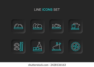 Set line Homemade pie, Roasted turkey or chicken, Bottle of sake, Dumpling with chopsticks, Traditional tea ceremony, Served fish plate, Chicken egg and Sushi icon. Vector