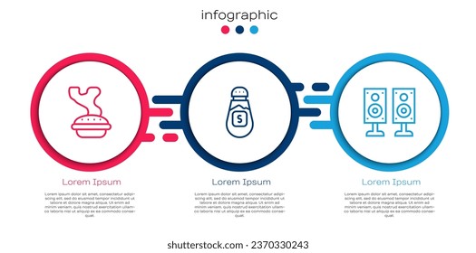 Set line Homemade pie, Salt and Stereo speaker. Business infographic template. Vector