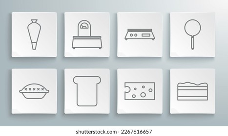 Set line Homemade pie, Scales, Bread toast, Cheese, Brownie chocolate cake, Electronic scales, Frying pan and Pastry bag for decorate cakes icon. Vector