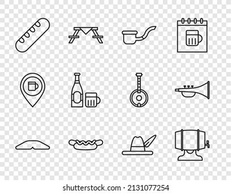 Set line Homemade pie, Wooden barrel on rack, Smoking pipe, Hotdog sandwich, French baguette bread, Beer bottle glass, Oktoberfest hat and Musical instrument trumpet icon. Vector