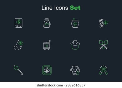 Set line Honey award, Honeycomb, Stop bee, dipper stick, Beekeeper with protect hat, extractor and and honeycomb icon. Vector