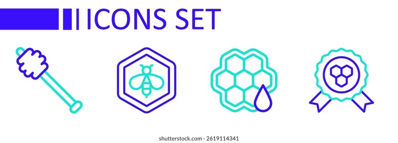 Set line Honey award, Honeycomb, Bee and honeycomb and dipper stick icon. Vector