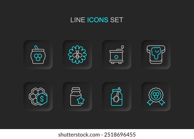 Set line Honey award, Jar of honey and dipper stick, Sale honeycomb, Bread with, extractor, Bee flower and  icon. Vector