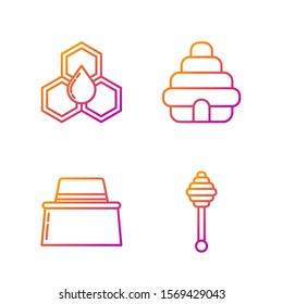 Set line Honey dipper stick, Beekeeper with protect hat, Honeycomb and Hive for bees. Gradient color icons. Vector