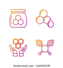 Set line Honey dipper stick, Honeycomb and hands, Jar of honey and Honeycomb. Gradient color icons. Vector