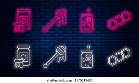 Set line Honey dipper stick with dripping honey, Jar of honey and honey dipper stick, bee and Honeycomb. Glowing neon icon on brick wall. Vector