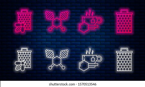 Set line Honey dipper stick, Cup of tea with honey, Bee and honeycomb and Honeycomb. Glowing neon icon on brick wall. Vector