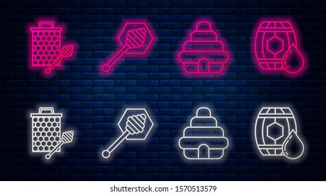 Set line Honey dipper stick, Hive for bees, Honeycomb with honey dipper stickicon and Wooden barrel with honey. Glowing neon icon on brick wall. Vector