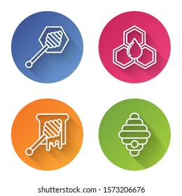 Set line Honey dipper stick, Honeycomb, Honey dipper stick with dripping honey and Hive for bees. Color circle button. Vector