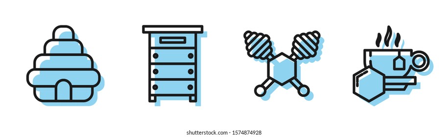 Set line Honey dipper stick, Hive for bees, Hive for bees and Cup of tea with honey icon. Vector